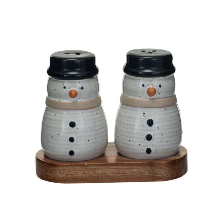 Stoneware Snowmen Salt & Pepper Shakers w/ Wood Tray