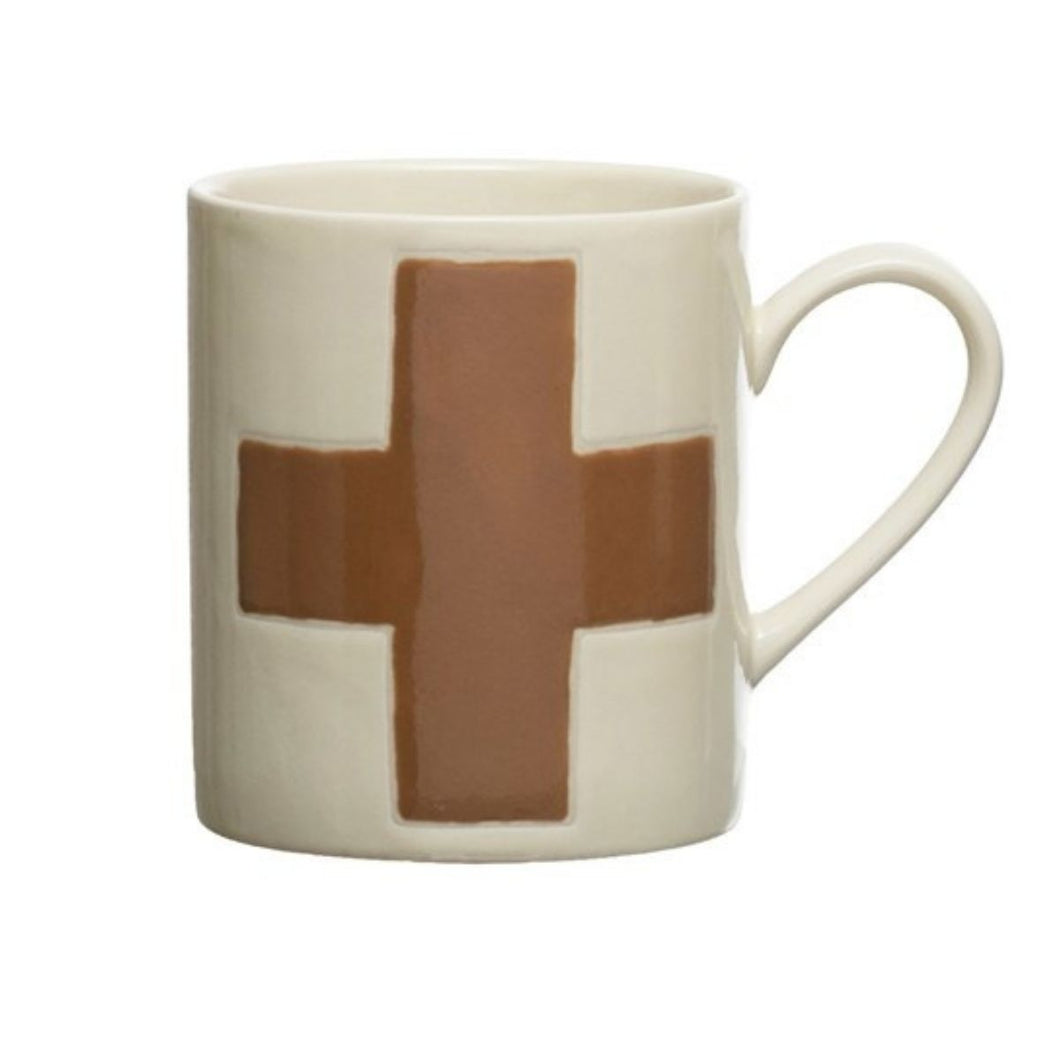 8 oz. Handmade Stoneware Mug with Wax Relief Swiss Cross- Cream and Taupe