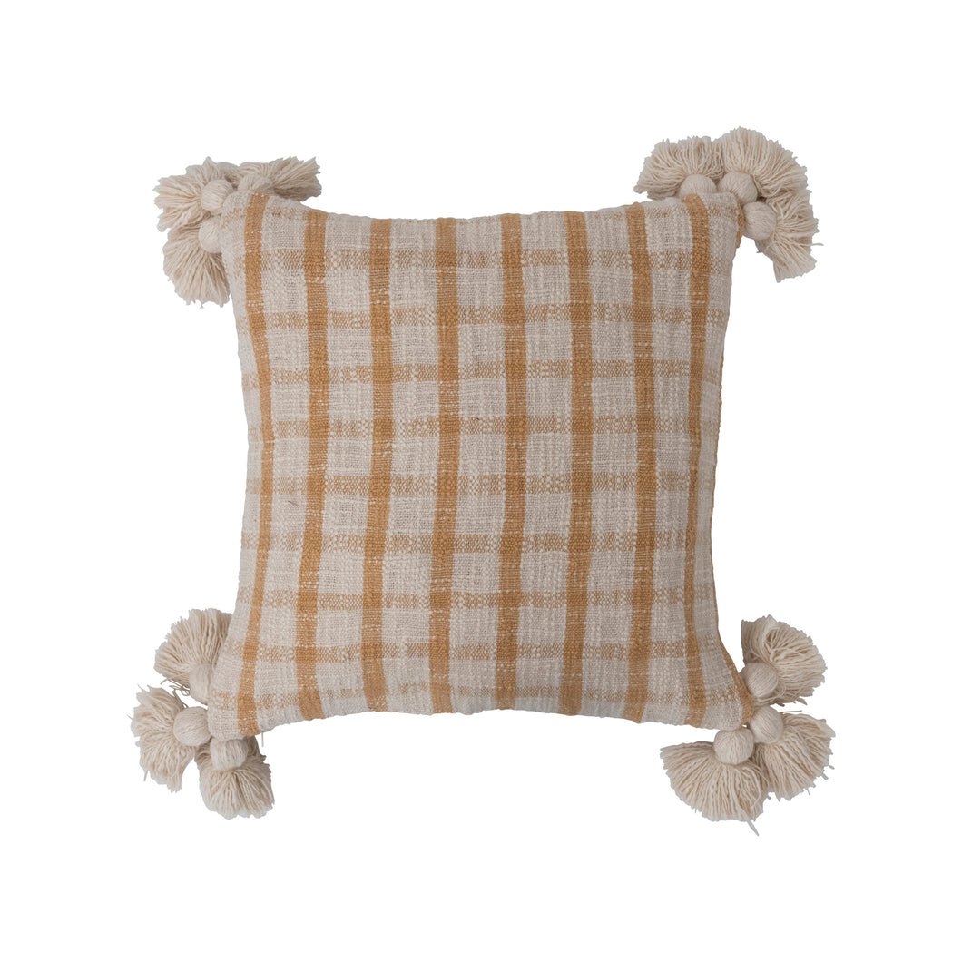 Woven Cotton Slub Plaid Pillow with Tassels