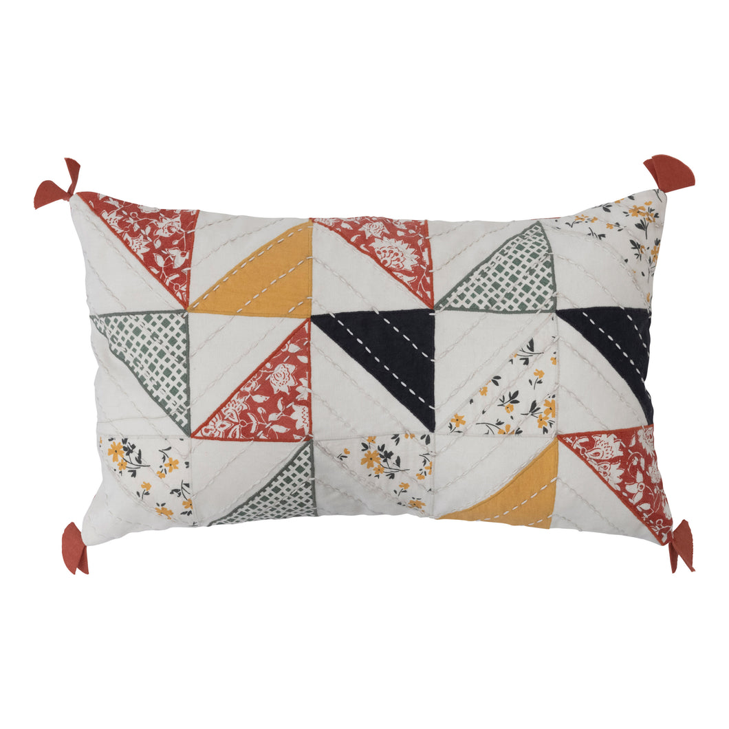 Cotton Patchwork Quilted Lumbar Pillow with Kantha Stitch & Tassels 20