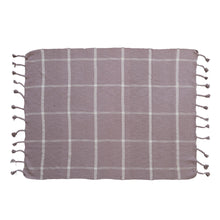 Load image into Gallery viewer, Woven Cotton Slub Throw w/ Grid Pattern &amp; Braided Fringe, Lilac Color &amp; White
