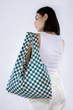 Load image into Gallery viewer, Checkerboard Teal &amp; Beige Medium Reusable Bag
