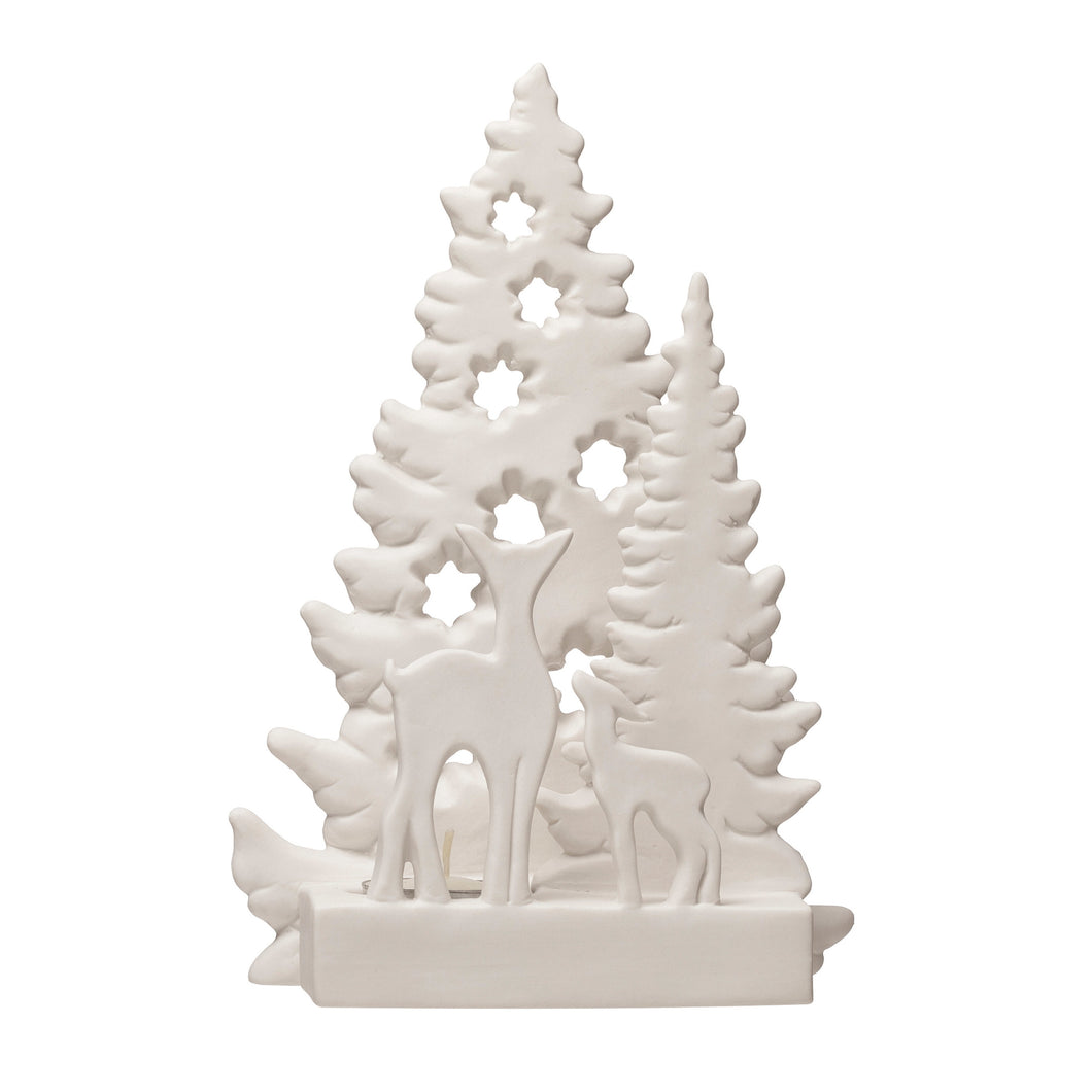 Stoneware Tealight Holder with Deer and Trees