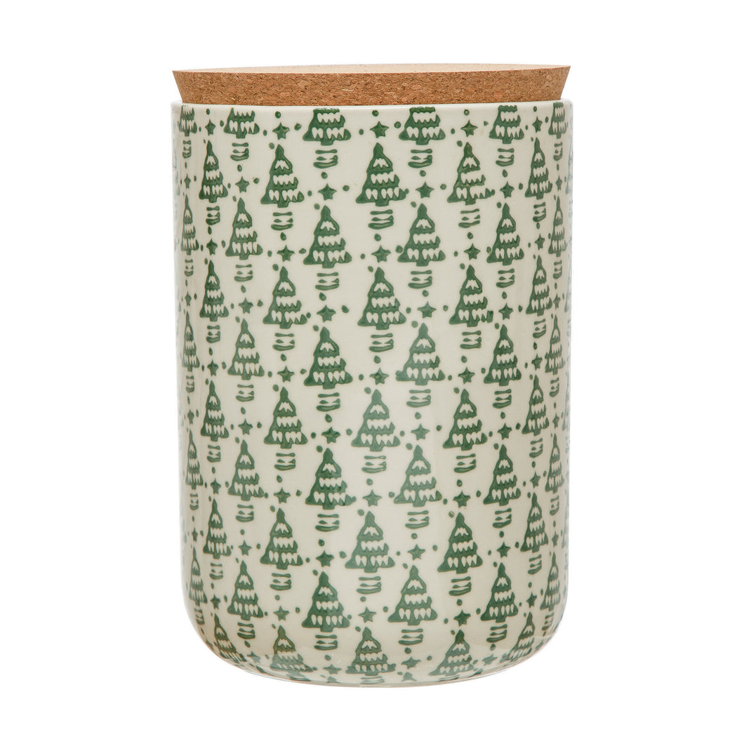 Stoneware Cookie Jar with Christmas Tree Pattern