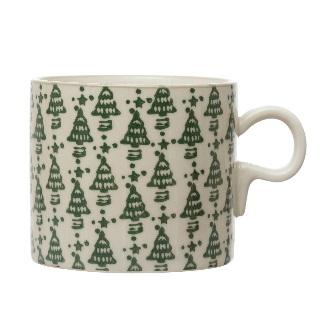 Stoneware Mug with Stamped Christmas Tree Pattern