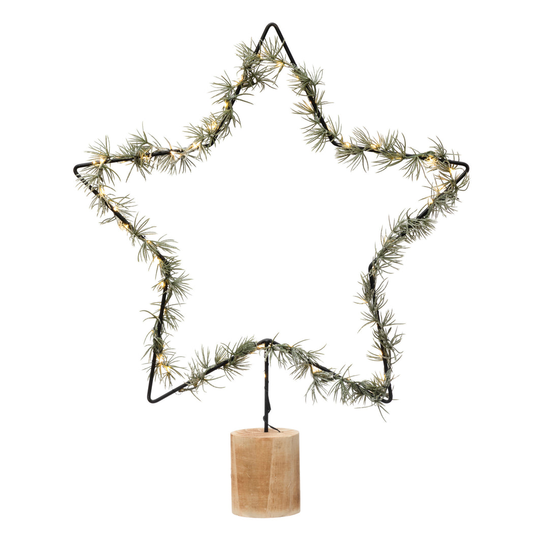 LED and Faux Pine Wrapped Wire Star with Wood Base