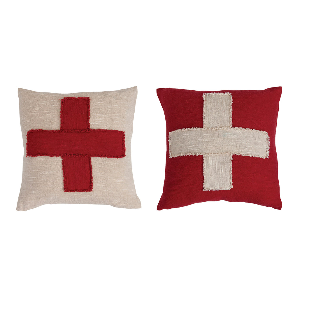 Cotton Slub Pillow with Embroidered Swiss Cross and Frayed Edge