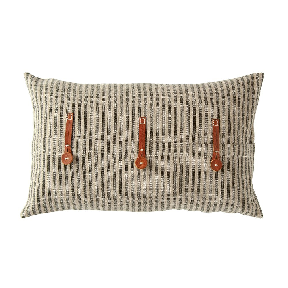 Cotton Ticking Striped Pillow w/ Leather Trim, Beige & Black